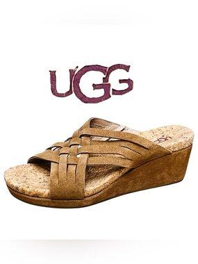 Ugg Sandals Women’s Sz 8.5 Lilah Weave Strappy Wedge Slide Slip On Brown Suede